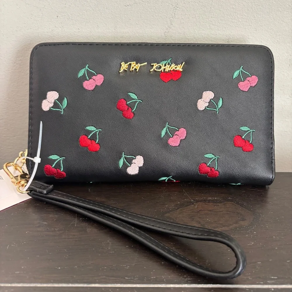 Betsey Johnson Cherry Embroidered Wallet, Black Faux Leather, NEW WITH TAGS